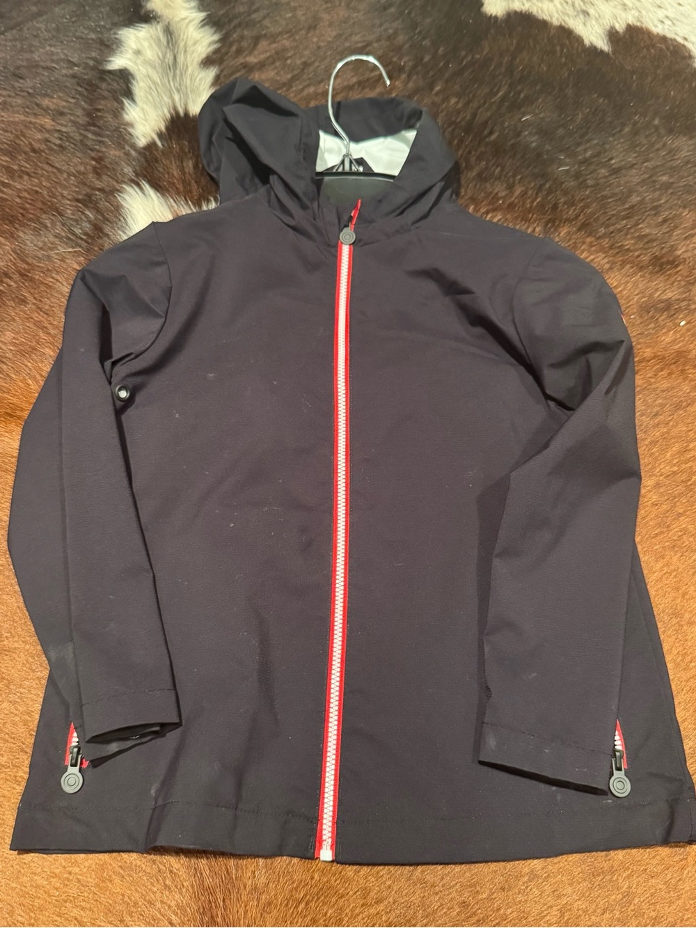 Kids Hooded Light Rain Jacket - Black with Red Trim